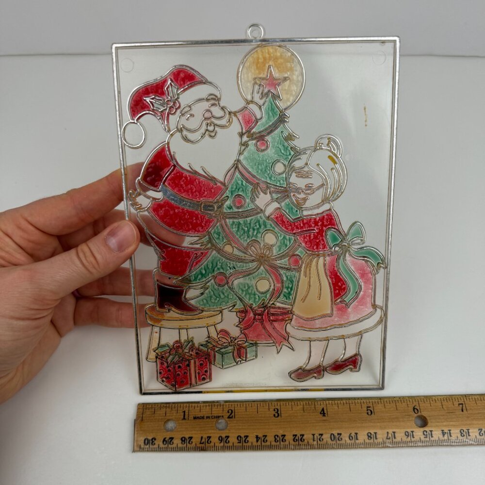 Vtg Retro Mr Mrs Santa‎ Claus Christmas Plastic Faux Stained Glass Suncatcher
